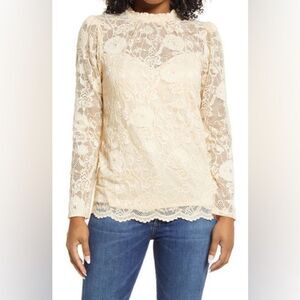 Gibsonlook Light Orange Lace Floral High Neck Blouse Women's Size XS